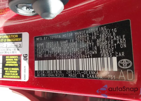 2016 Toyota Corolla Le from USA, damaged, VIN 2T1BURHE2GC699441